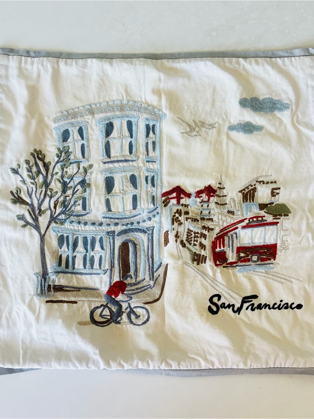 San Francisco Embroidered White Decorative Throw Pillow Cover